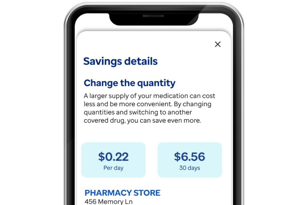 phone screen with example of savings details for a medication on Optum Rx